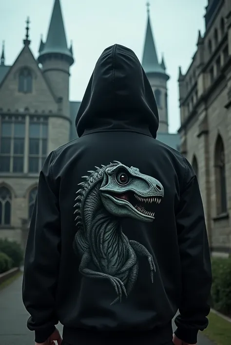 A black hoodie with a dinosaur print around a terrifying Gothic palace 