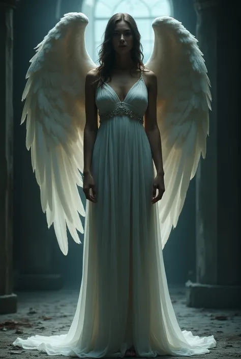 (best quality,4k,8k,highres,masterpiece:1.2),ultra-detailed,(realistic,photorealistic,photo-realistic:1.37),dark angel,beautiful woman,woman in white dress,dramatic lighting,intricate details,powerful,heroic,epic scale,cinematic,chiaroscuro,dramatic shadow...