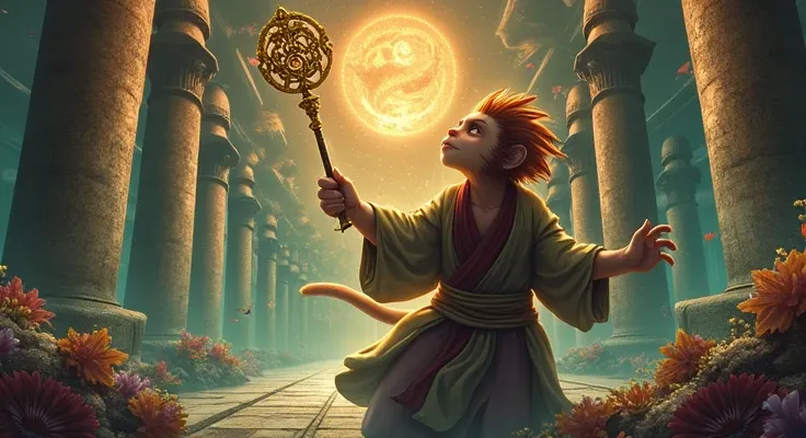 "Sun Wukong,  the Monkey King from Chinese mythology ,  explore the magnificent underwater palace of the Dragon King .  The environment is vast and magical ,  illuminated by a greenish glow from the surrounding waters ,  details with large columns decorate...