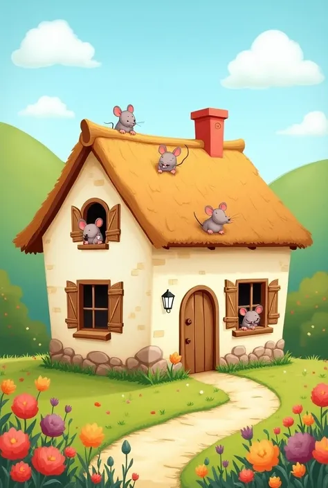  Country house drawn by a boy, cartoon,  There are cute little mice 