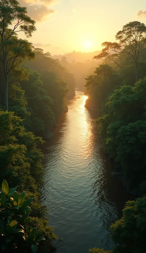 a beautiful detailed scenic landscape, the orinoco river winding through lush tropical vegetation in venezuela, golden sunlight reflecting on the water, realistic, photorealistic, photo-realistic:1.37, best quality,8k,masterpiece:1.2,ultra-detailed,vivid c...