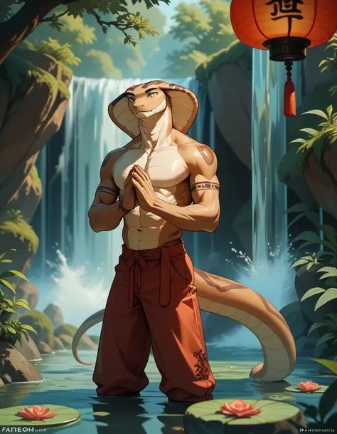 Solo, male Anthro snake, oriental, athletic, slim, beige body, coloured body, waterfall, meditating, pants