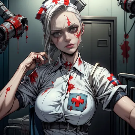 "Personagem da Arlequina do filme Zombie clasic Nurse Suicide Squad" (classic white nurse uniform in a hospital a lot of blood on the scene place )