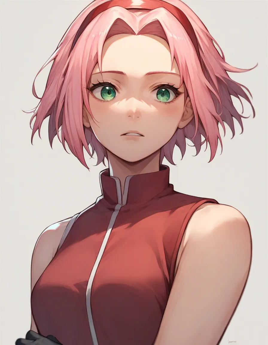 break, source_anime,
1girl, haruno sakura, pink hair, short hair, green eyes, source_anime, sleeveless, red shirt, black gloves,...