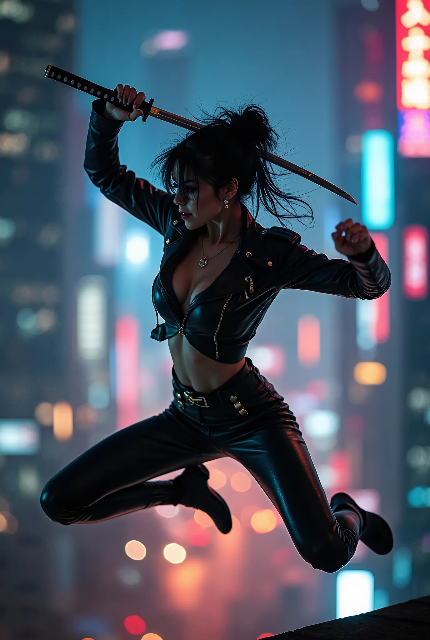 Cinematic photography, motion blur, a beautiful woman swinging a sharp katana, katana focus, she has messy black hair, she wear a sexy leather clothes, she jumping down from rooftop, set in night modern city, bokeh, vibrant lighting