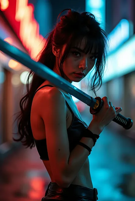 Cinematic photography, motion blur, a sharp katana held by a Japanese woman, sharp focus on katana, she has messy black hair, she wear a sexy leather clothes, set in night modern city, bokeh, vibrant lighting