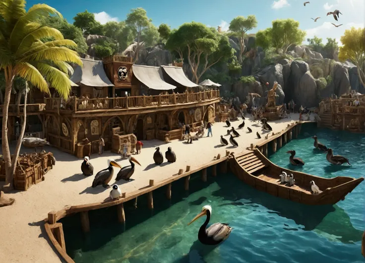  Create me a horizontal image of a pirate-themed park on a sunny day with animals such as pelicans, penguins , turtles,  sea lions etc and people watching the park 
