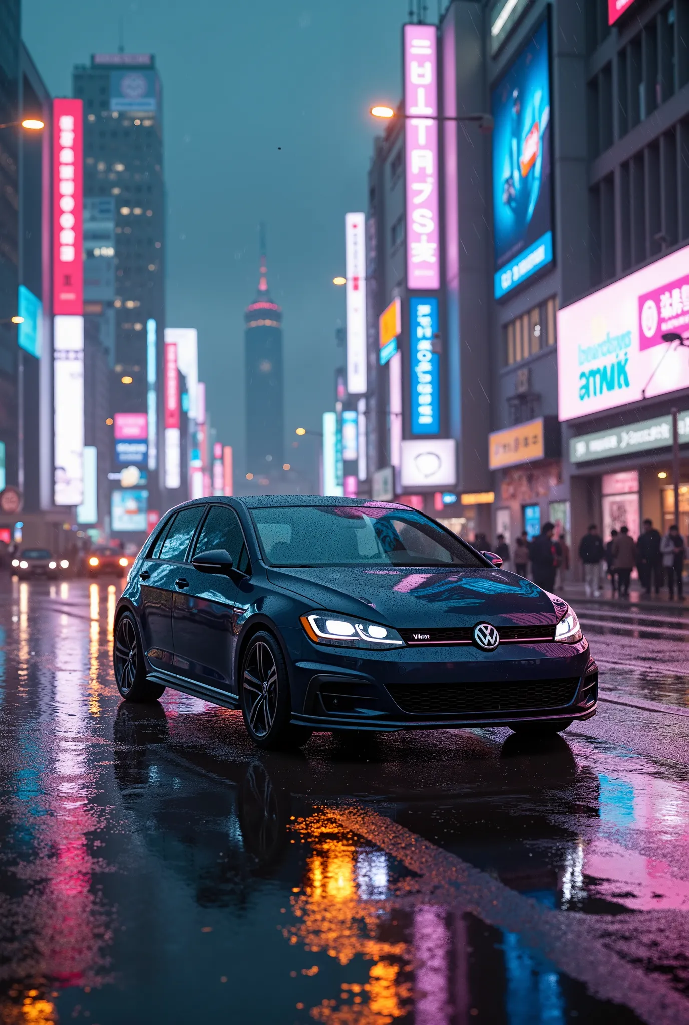 vw golf, cyberpunk city of tokyo, rain drops,