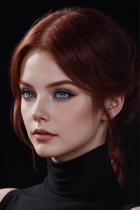 woman with medium hair ,auburn-red-hair, pale,soft body,eyeliner,portrait,blue eyes,eyeliner,wonderful highly detailed masterpie...