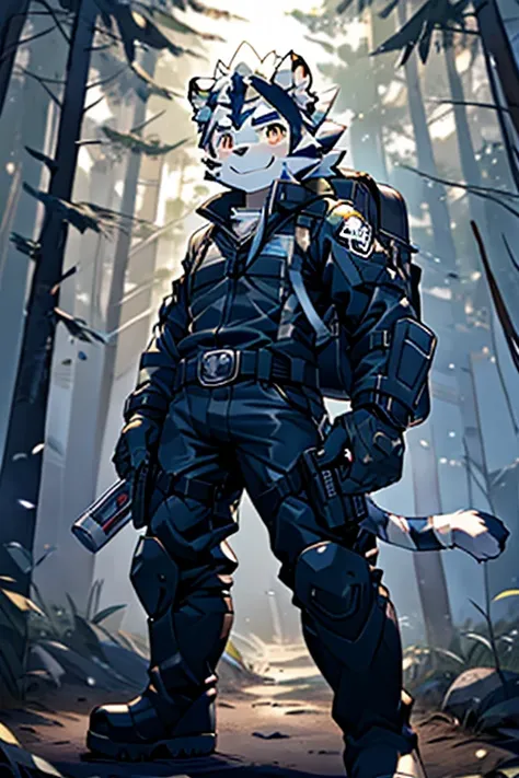 Kogenta (Onmyou Taisenki), Furry 1 White Tiger,Shota,(,Tiger Tail,Prototype White Tiger,Thick eyebrows,Moderately strong body),Wearing a racing suit ,(, long sleeve leather jacket, Leather Pants ),combat gloves ,Tall Tactical Boots (Tactical Boot:1.5),,,,,...