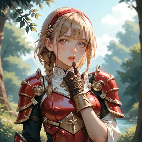 Faith pencil , 1 , Alone,  looking at the viewer, Blush, fringe, gloves,  upper body, Braid, hairband, outdoor,  parted lips , sky, is, hand up,  Pink eyes, Armor, tree, covered navel ,  blurry background,  hand on own chest, shoulder Armor, side Braid, ar...