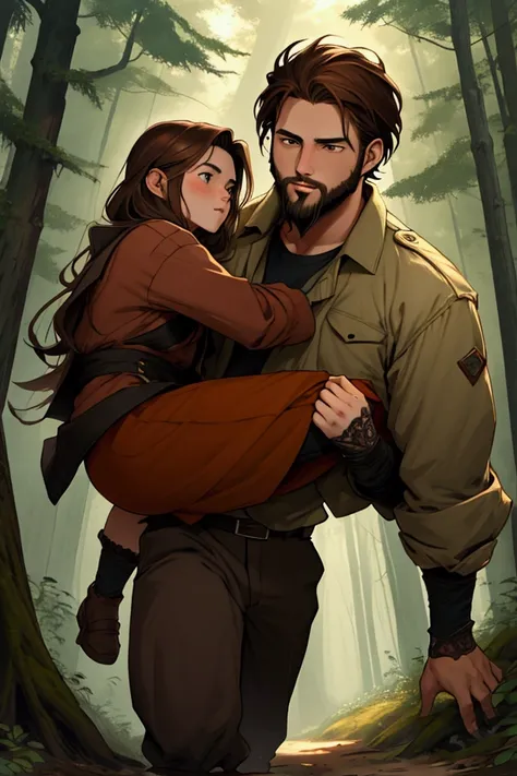 Make a young man strong ,  brown hair and short beard, with old clothes, Carrying a girl ,  Through the forest 