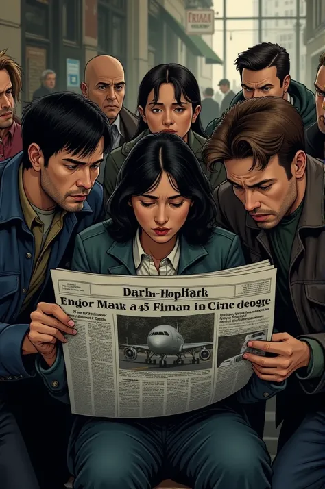 Depict a group of people gathered together, whispering and looking concerned. Show them reading the newspaper with the crash headline, with expressions of doubt and confusion, and some casting sideways glances as if suspicious of the news