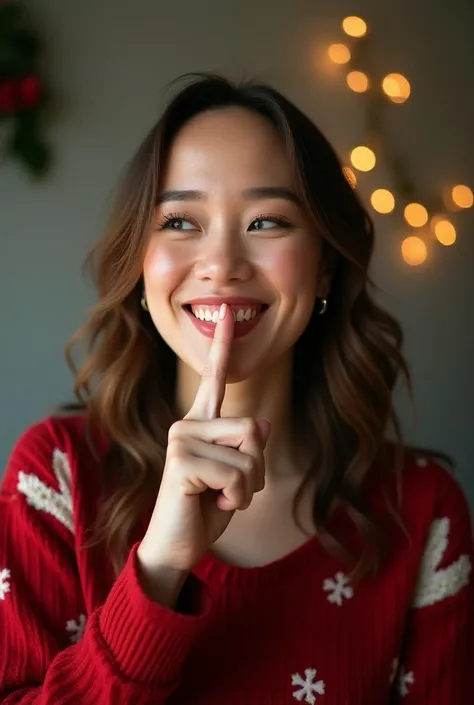 realistic photo of smiling woman wearing Christmas clothes, with the index finger in front of the mouth as a sign of silence,  full photo
