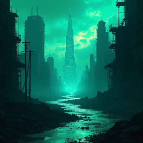 a dystopian and anachronistic world, with a post-punk and post-apocalyptic style. The scene shows a bleak, futuristic city in ruins, submerged in dark shades of blue and neon green, as if shrouded in a web of digital lies. Decaying buildings and exposed ca...