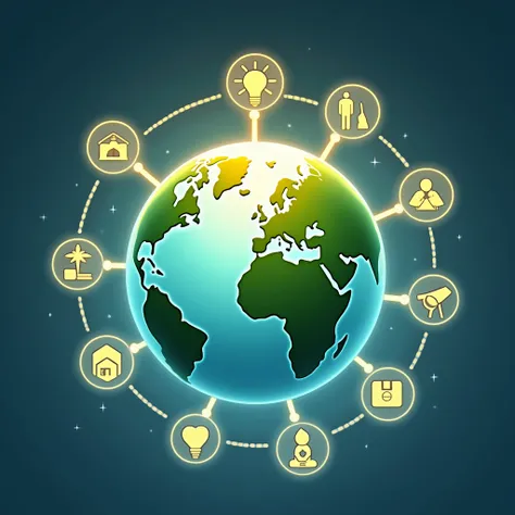 Create a high-quality, animated-style illustration centered on a glowing, vibrant Earth. Surround the Earth with interconnected icons and symbols that represent key aspects of Corporate Social Responsibility (CSR): sustainable energy, water conservation, c...