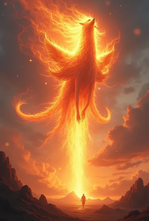  Fire chariot rising to the skies with twilight sky in the background, flames and intense light surrounding .