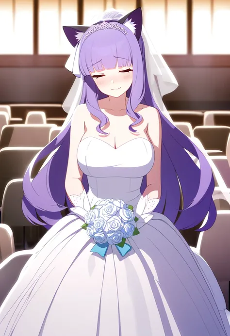 Jessica,淬火Jessica,Purple Hair,beautiful wedding dress,Cat ears,shy,happiness, blush, 1 woman,  High resolution , Chest,  looks at the audience , Smile,  bangs, Shut up,  anatomically correct,  high quality, Big breasts(d), Ribbon,  ray tracing, cartoon, 