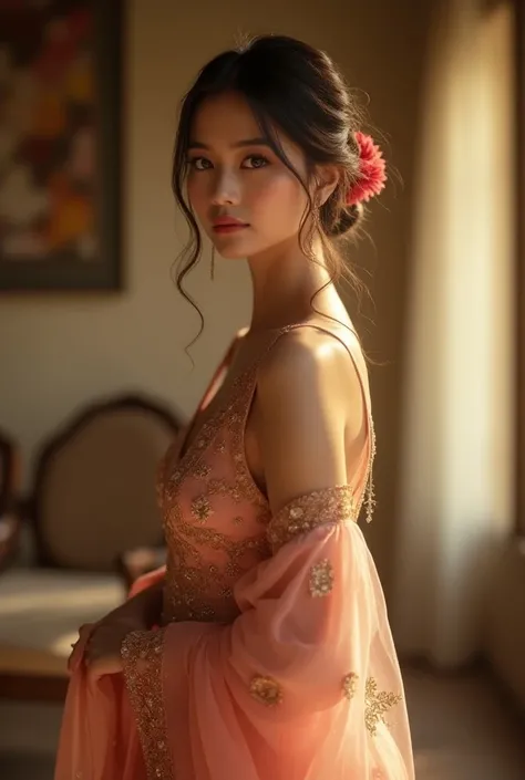 ((Best quality, 8k, Masterpiece :1.3)), Sharp focus :1.2, Generate a realistic image of a beautiful, cute beauty dressed in a stunning dress, adorned with traditional ornaments, standing in a well-lit room with cinematic lighting. ((Front view, random eleg...