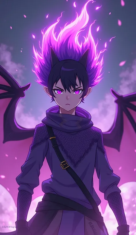 A young anime ,  hair burning in purple fire , black corona, purple skin with scales , violet eyes,  breathing a big purple fire breath out of its mouth,  light purple and black armor,  full body wool sweater,  purple fire environment , DETAILED,  frown, p...