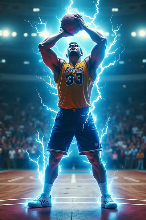 Football player holding the ball on the court and shooting lightning 