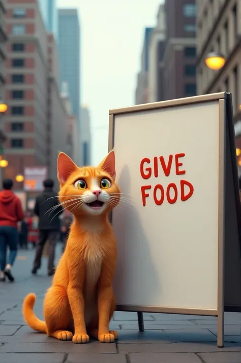 Generate a high quality 3D image:An orange cat standing in city next to a white board that says Give Food