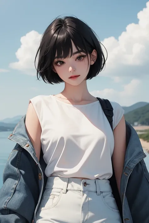 (((masterpiece)),best quality, beautiful detailed eyes, 8K resolution, Semi-realistic, cinematic lighting, detailed clothes, ultra detailed),1 woman, korean, cute, 30-year-old ((wearing a white shirt)), smile, ((denim pants)), black eyes, ((hairstyle: Blun...