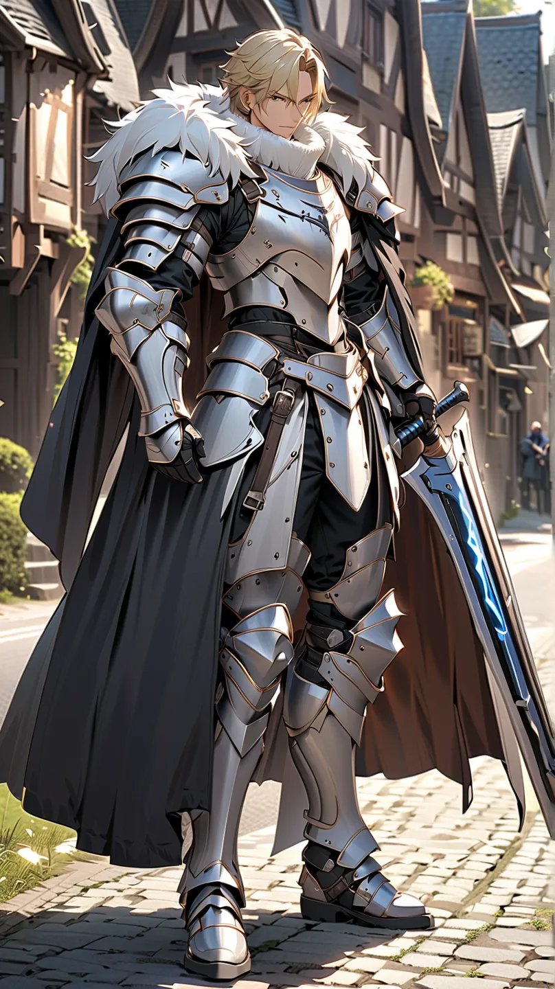 man,  fairy slayer , holy knight,wears heavy armor(ivory white),handheld shield iron hammer ,,fur collar , black cloak backgroun...