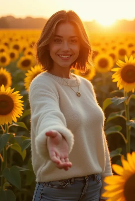 Ultra-realistic, 8k、 super high definition、  Sunflower field at sunrise 、Short Hair、  Shes the most beautiful woman in Japan, She has big eyes and is beautiful and cute、They have a hardworking smile  、  Her breast size is K cup 、She has big breasts、Standin...