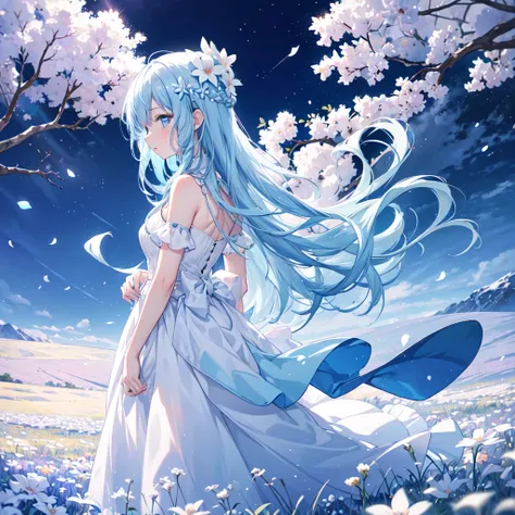 (Absurd,  high resolution on down, Super detailed, 超 high resolution on down,  like a movie), Alone,  1 girl, Mature,  happy , girl standing in light blue flower field, light blue flower petal surrounding girl, full body,  girl with long blue hair , light ...