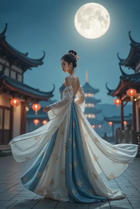 GGGJAAA ,Hanfu, make up，(masterpiece,  best quality), 8k , high detail, , night, moonlight,  art style ,  The background is traditional Chinese architecture，Buildings and towers ，