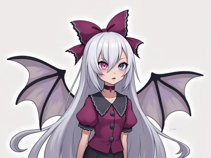  Veggy is a slender and elegant angel . Her gray-purple skin ,  hair is white and very long ,  that are uneven at the ends and generally resemble the wings of a moth .  White bangs cover half of her face .  The ends of her hair are gray-purple .  Veggie we...