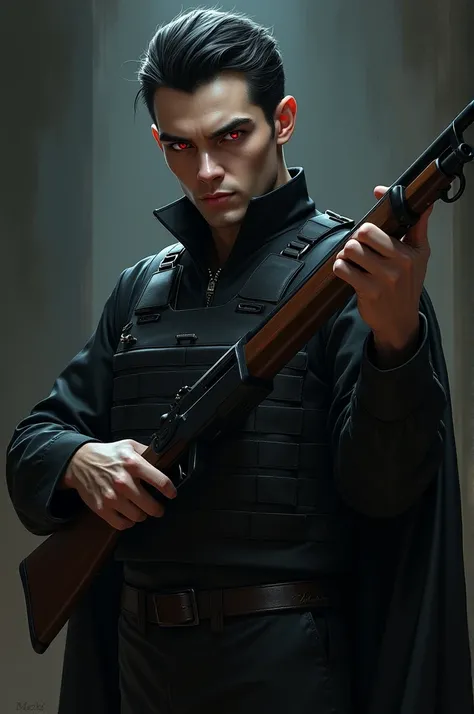 Make Dennis Draculas grandson to me with a long gun and bulletproof vest 