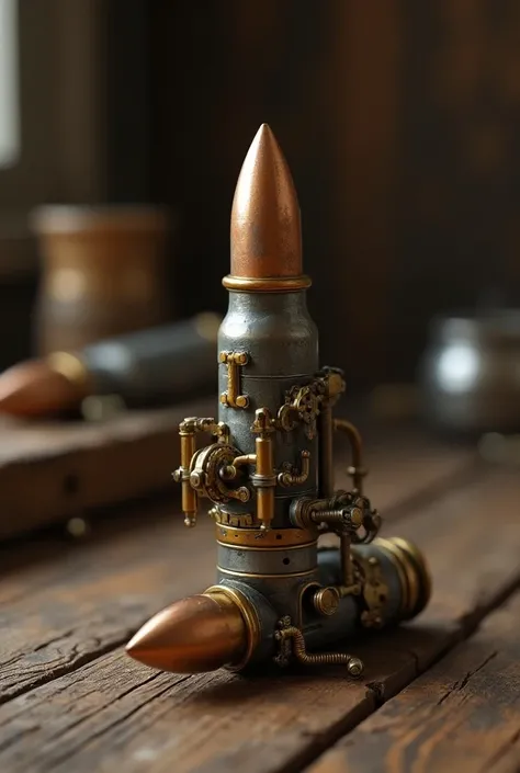 Steampunk style bullet cartridge on a wooden table