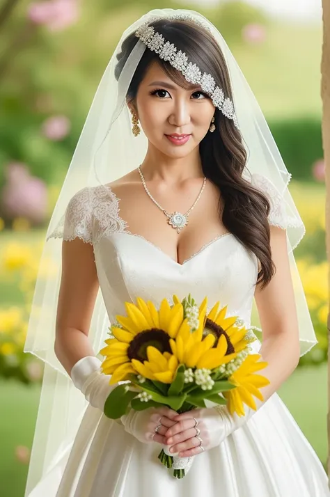 portrait of christylee, wearing white silk wedding dress, veil, tiara, elbow gloves, earrings, necklace, bouquet, flower altar blurry background, intricate details, highly detailed (masterpiece), best quality, expressive eyes, perfect face, good hands, bes...