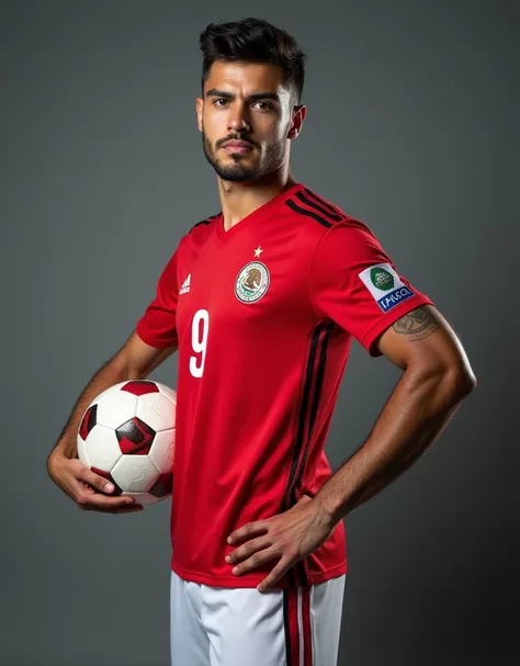 a Mexican male soccer player, wering grwan red white soccer uniform, posing with soccer ball, gray background, (best quality,4k,8k,highres,masterpiece:1.2),ultra-detailed,(realistic,photorealistic,photo-realistic:1.37),detailed face, detailed eyes, detaile...