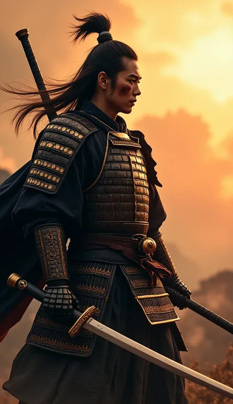 ( Impressive samurai in battle armor :1.4) ( Traditional sword with gold details :1.2) ( Battle scene with fog and fire in the background:1.1) ( Intense and determined expression :1.3) (Clothes fluttering in the wind :1.2) (scar on the face:1.1) ( Dramatic...