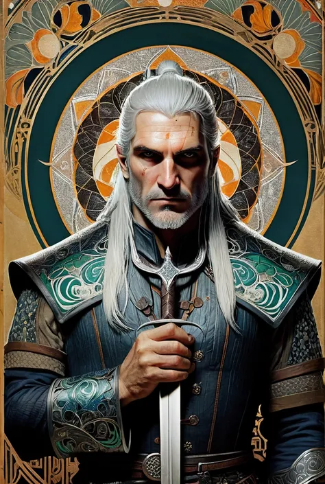 Art Nouveau Art Nouveau poster featuring Geralt of Rivia from The Witcher, 1man, (Daniel Castan, Carne Griffiths, Andreas Lie, Russ Mills, Leonid Afremov:0.5), silver sword mandala, [fractal:0.2], ethereal, (art nouveau:1.25), Maximalism art style, fantasy...