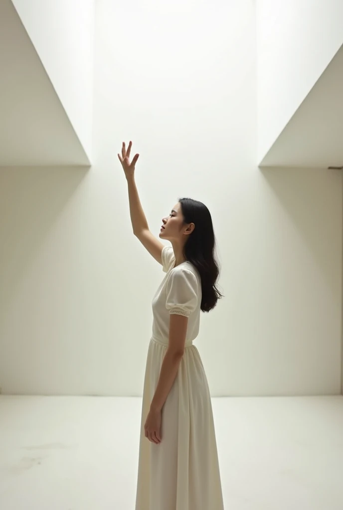 Woman touching the white ceiling