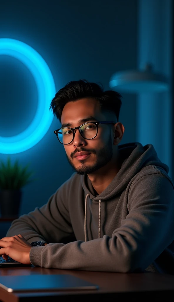 an Indonesian 23-year-old man, 150cm tall and weighing 63kg, working as a content creator. He is sitting in a cozy room with a dark background festuring an aesthetic circle with blue light. He has a thin beard and thin mustache, and is wearing a grey hoodi...