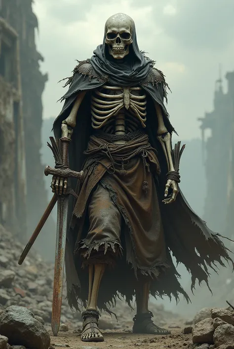 skeleton with a sword in torn clothes