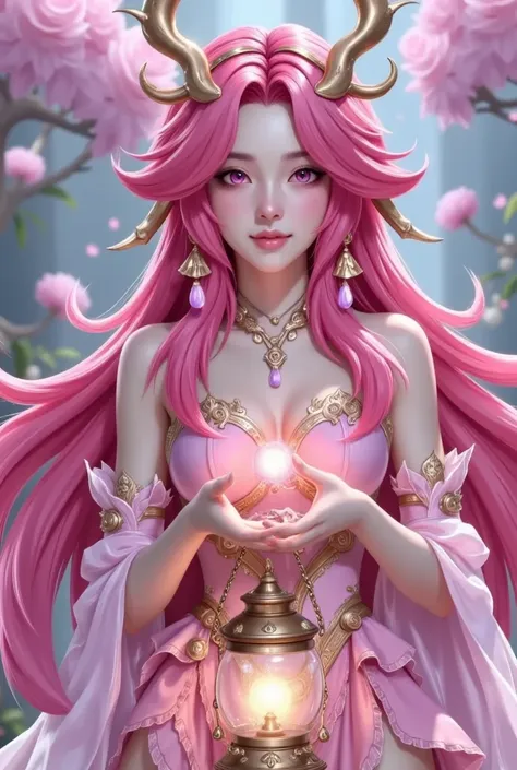 an extremely detailed artistic germ in a pink dress ，手里提着花灯, yang j concept art, artstation, fantasy art, extremely detailed art...