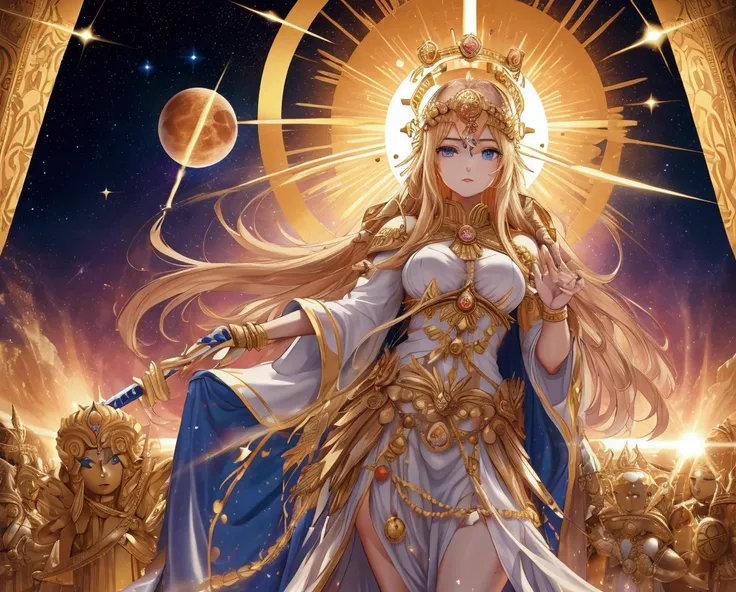  arafe image of a woman with a sword and golden crown,  queen and ruler of the universe ,  Celestial Goddess , A galaxy-sized goddess,  as goddess of the sun , God of the Galaxy, Goddess of Time and Space , Space Goddess,  emperor of the universe , Goddess...