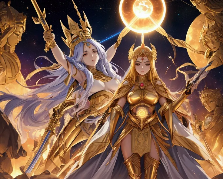  arafe image of a woman with a sword and golden crown, Xul Solar-inspired concept art,   CG Society Contest Winners ,  Under Art in Oil ,  queen and ruler of the universe ,  Celestial Goddess , A galaxy-sized goddess,  as goddess of the sun , God of the Ga...