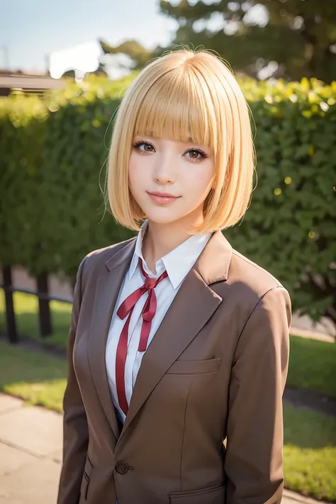 (masterpiece,Best Quality,  Details),  1 girl, Alone, Outdoor,  evening ,  upper body, smile,  closed mouth, Squint your eyes, eyelash, Midorikawa Flower,  brown jacket , neck ribbon, Colored Shirt,  school uniform 
