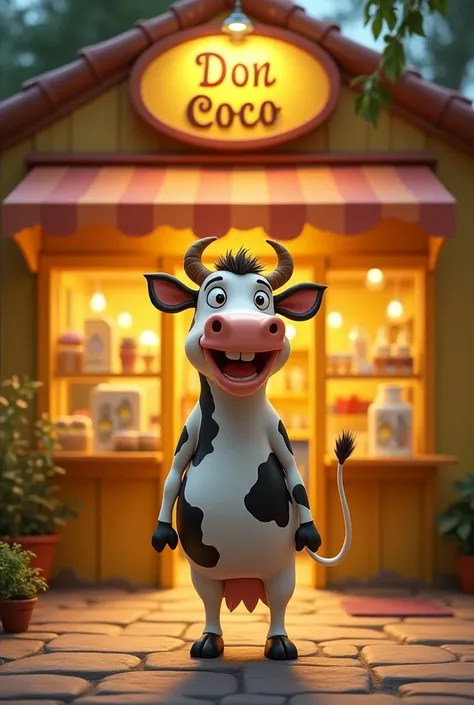 A happy cow inviting me to shop at the store that has a sign that says don Coco 