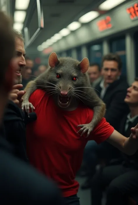 In a plan a rat with red eyes bite a passenger in red tshirt ai image