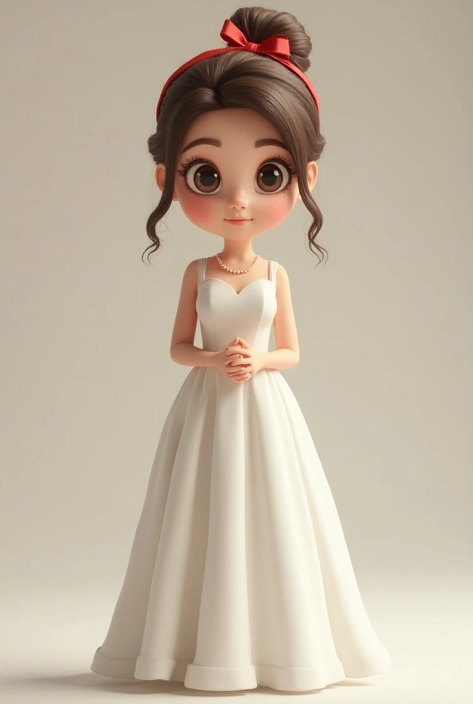   Pull 3D A  of approximately  ,  dressed as a bridesmaid long white dress, With a Marsala ribbon ,  asks for white big brown eyes ,  straight brown hair with bun  