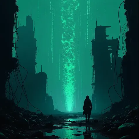 a dystopian and anachronistic world, with a post-punk and post-apocalyptic style. The scene shows a bleak, futuristic city in ruins, submerged in dark shades of blue and neon green, as if shrouded in a web of digital lies. Decaying buildings and exposed ca...