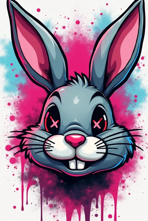  Create a vibrant graffiti illustration of a rabbits head .  The rabbit must have exaggerated features ,  including large ears and prominent front teeth .  The eyes must be represented as large Xs ,  giving a cartoonish and bold appearance .  Use a color p...